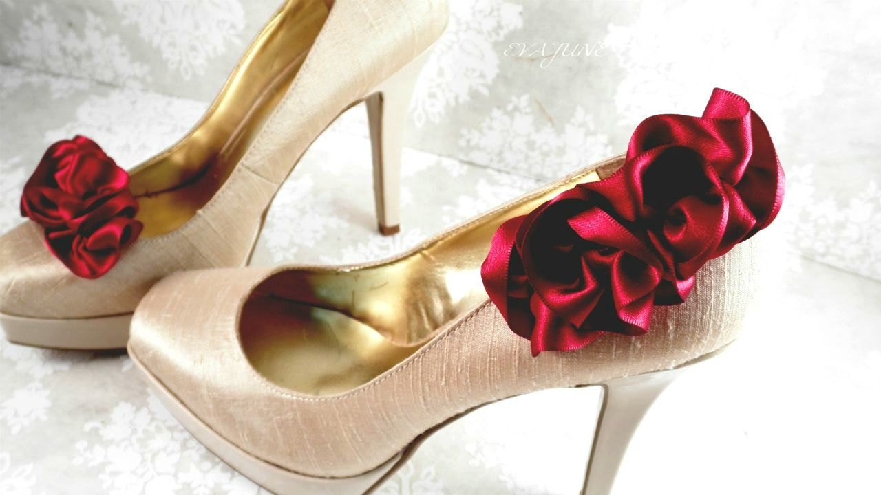 Cranberry Red Shoe Clips, Handmade Evening, Bridal, Bridesmaid, Parisian Glamour.