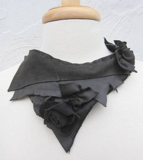 Black Leather Bib Statement Necklace with Ruffles and Natural Edges by Stacy Leigh SALE