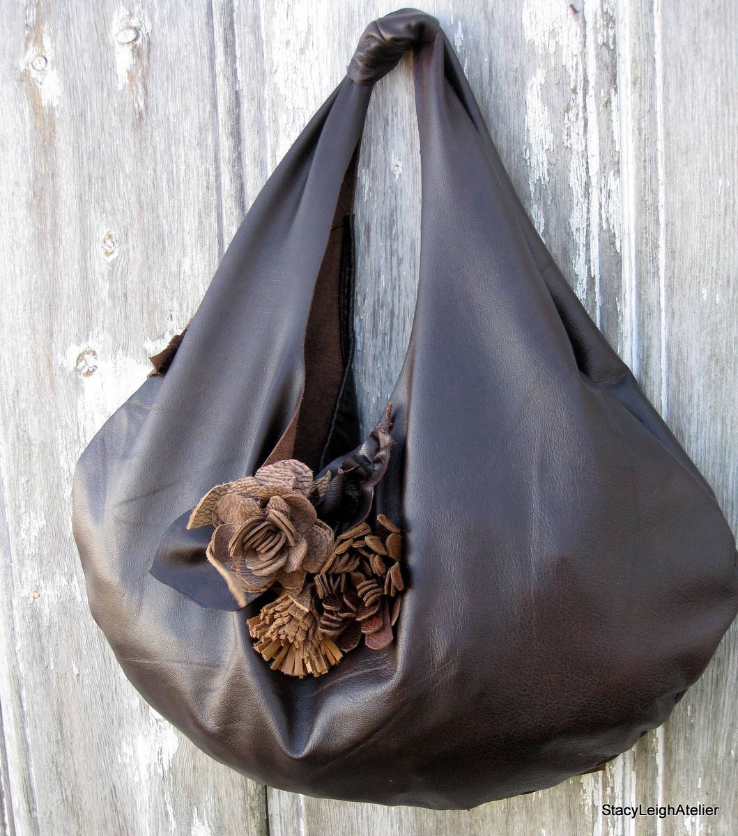 Dark Brown Leather Slouchy Hobo Bag with Flowers and Natural Edges by Stacy Leigh Ready to Ship