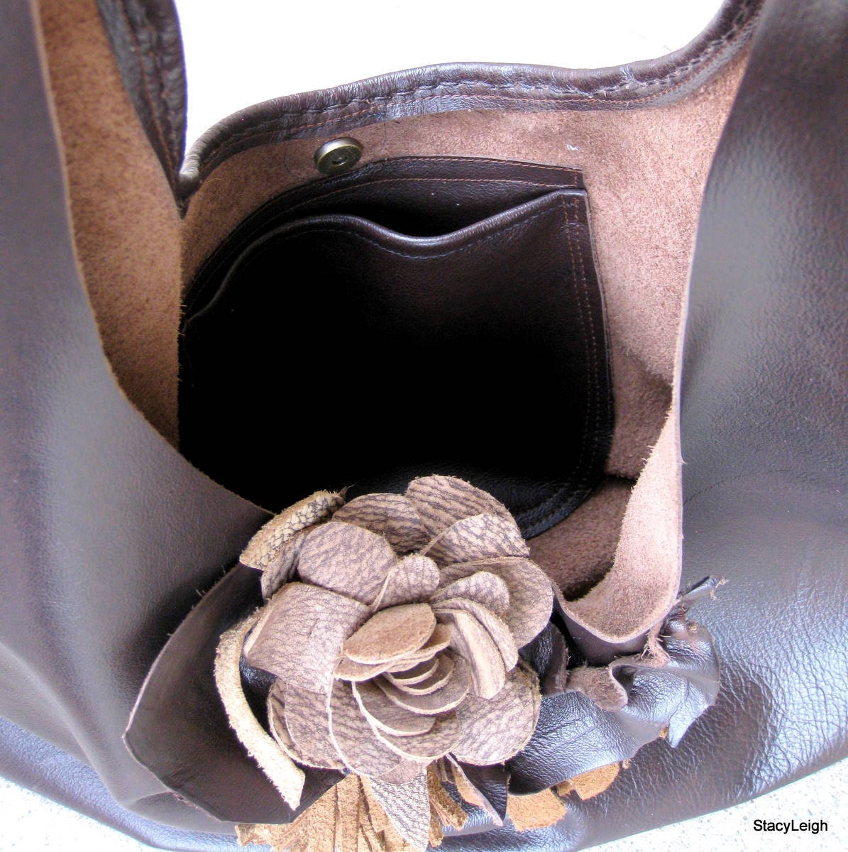 Dark Brown Leather Slouchy Hobo Bag with Flowers and Natural Edges by Stacy Leigh Ready to Ship