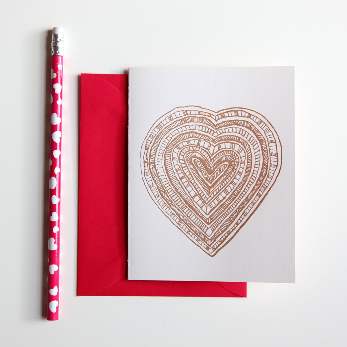 love card with screenprinted heart illustration, gold on natural ivory (set of 2)