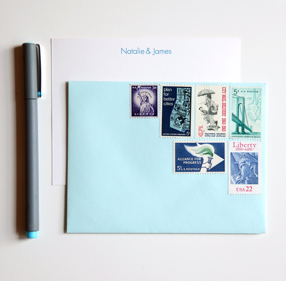 notecard set with premium vintage us postage stamps, i love New York (set of 5) stamped stationery with optional personalization