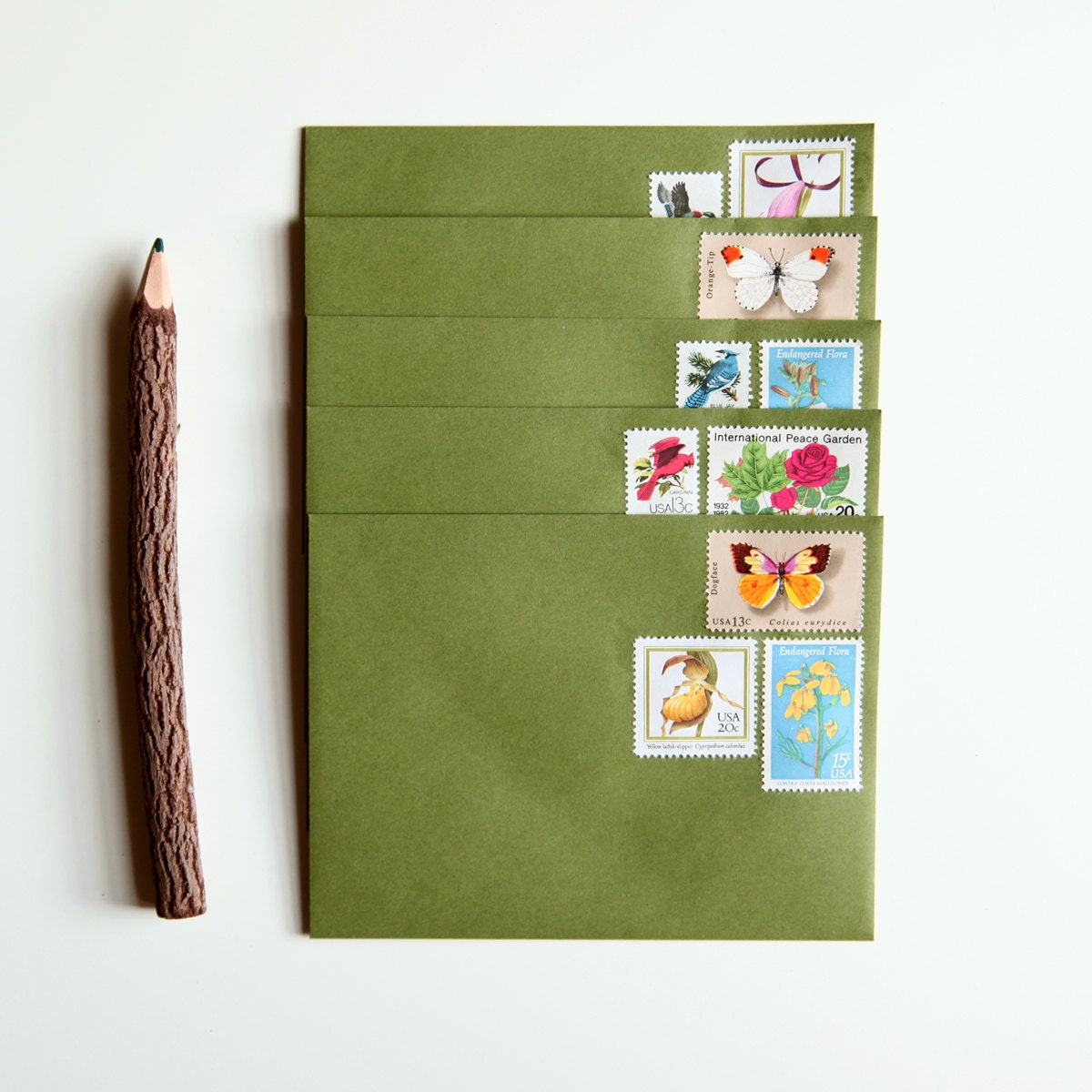 notecard set with unused vintage us postage stamps, the wings of spring (set of 5) stamped stationery wth optional personalization