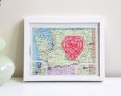 vintage washington state map with neon pink heart screenprint, i love the evergreen state
