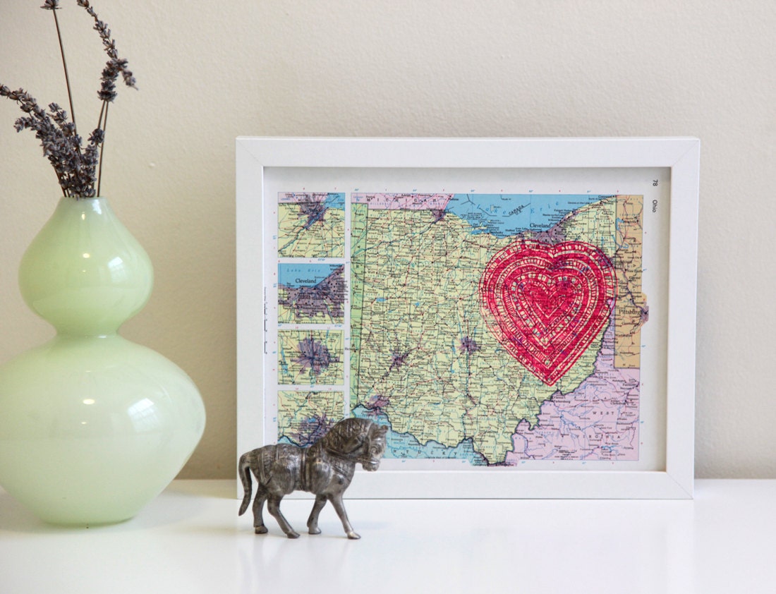 state map print, vintage ohio map with neon pink heart screenprint, i love the midwest