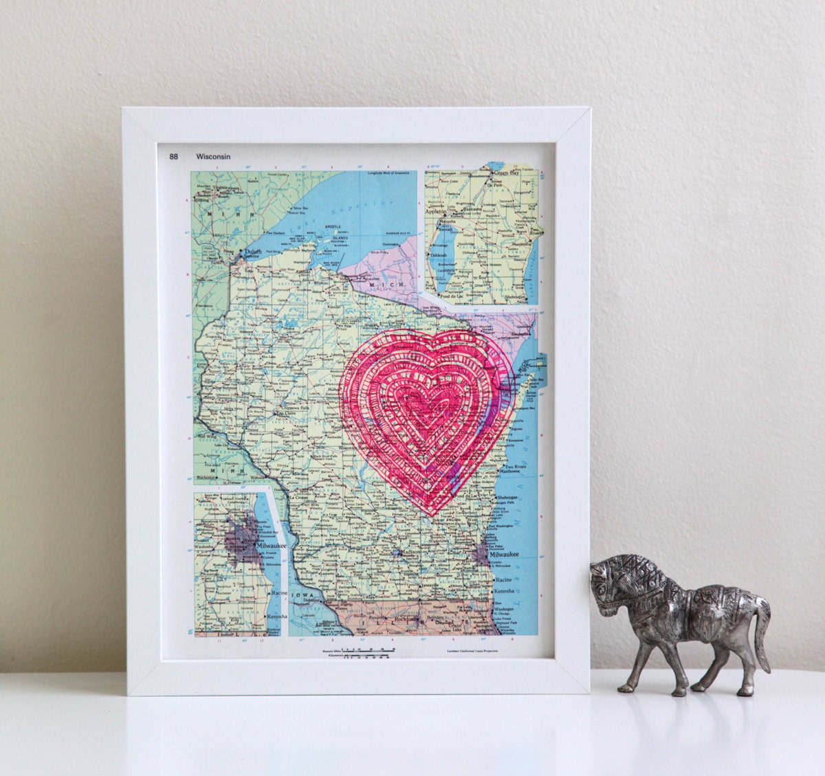 vintage map of wisconsin with neon pink heart screenprint, i love the great lakes