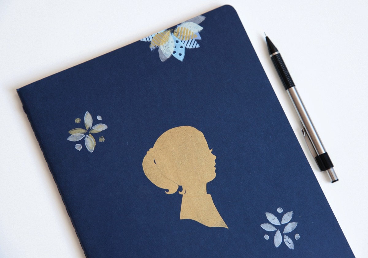 SALE extra large hand printed moleskine cahiers notebook, golden girl and patchwork blossom mixed media journal (LAST ONE- discontinued)
