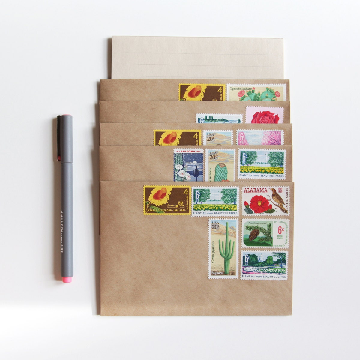 stationery set with unused vintage u.s. postage stamps, botanical garden (12 piece letter set) pre-stamped