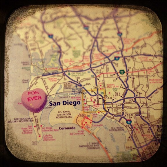 Map art print - forever san diego - candy heart photo print custom engagement wedding anniversary gift nursery wall decor