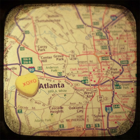xoxo atlanta custom candy heart map art 5x5 photo print - free shipping