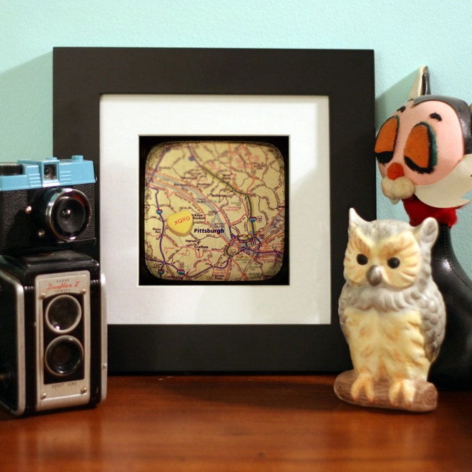 Map art print - xoxo pittsburgh - candy heart 5x5 photo print custom engagement wedding anniversary gift nursery wall decor