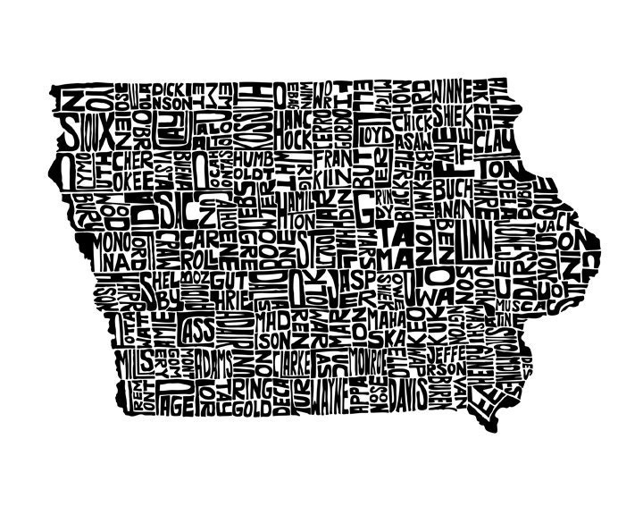 Iowa - typography map art print 8x10 - customizable personalized state poster custom wall decor engagement wedding housewarming gift