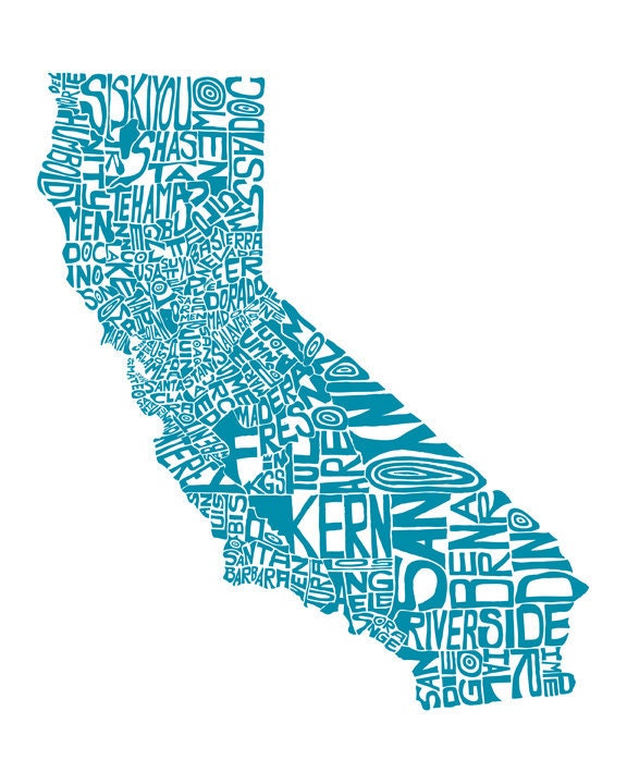 California - typography map art print 8x10 - customizable state poster custom wedding engagement graduation gift anniversary wall art decor