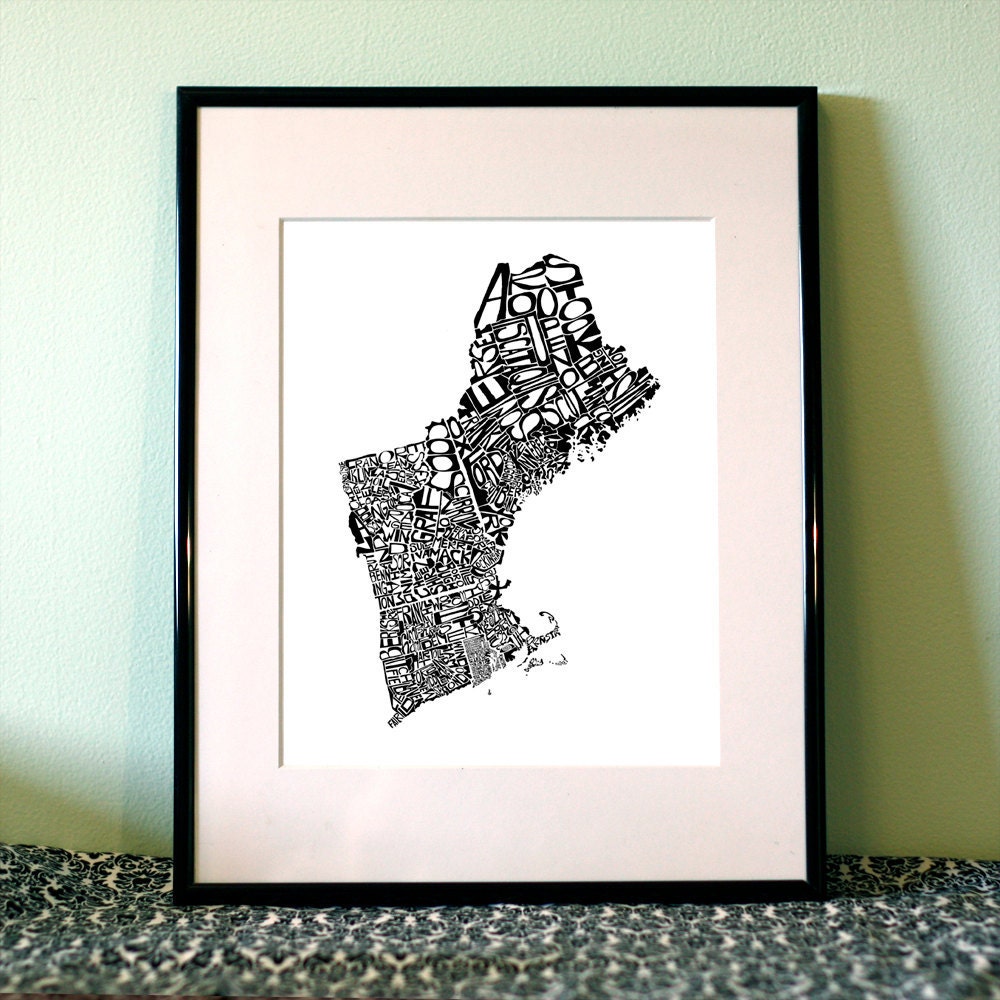 New England -  typography map art print 8x10 - customizable state poster wall decor