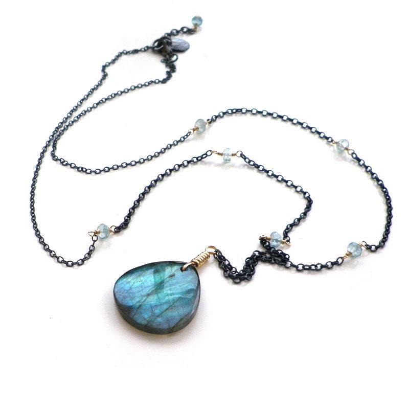 Labradorite Aquamarine gold black silver necklace. Aqua blue flash fire natural stone pendant. Sea, ocean, marine, night sky jewellery