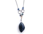 Indigo Pietersite Kyanite gold black silver necklace. Midnight mariner, designer art jewellery. Statement Pendant Necklace.
