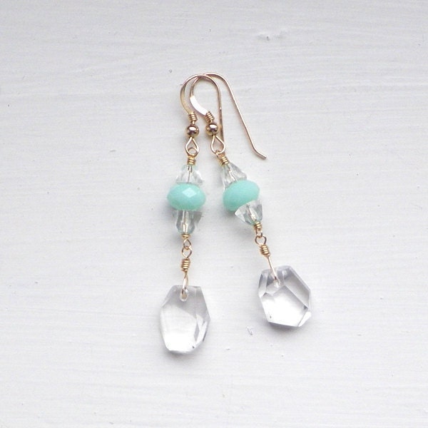 Designer abstract Rock Crystal pastel mint gold earrings. Vintage glass, chunky ice, goldfill dangle earrings. Bridal, wedding jewellery