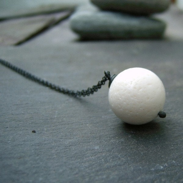 Monochromatic white Coral black silver necklace. Marine sea stone, geometric round, blackened metal chain. Simple, modern, Zen jewellery
