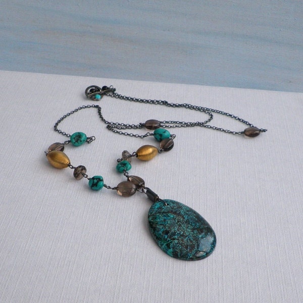 Chrysocolla Smoky Quartz Turquoise gemstone chain gold black silver statement necklace. High fashion, designer. Rustic earth sky jewellery