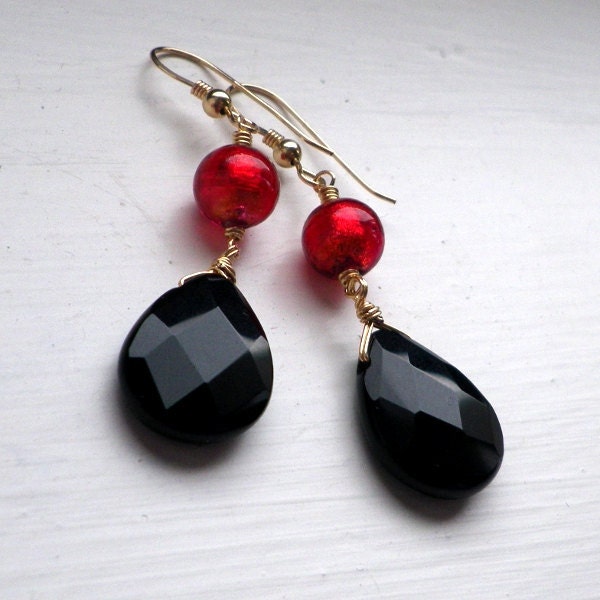 Jet black Onyx red Murano gold earrings. Obsidian, charcoal, coal, jewel red goldfill dangle. Dramatic, statement jewellery