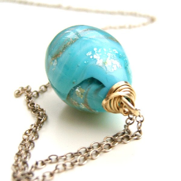 astel aqua blue gold sparkle Murano Venetian glass lampwork chain necklace. Statement pendant. Sea, ocean, sky. Wedding, bridal jewellery