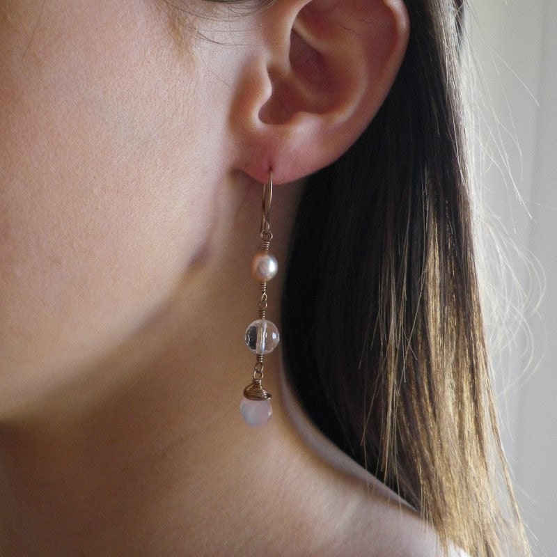 Pastel pink Chalcedony rose blush pearl Rock Crystal dangle earrings. Romantic, classic feminine, bridal, wedding jewellery