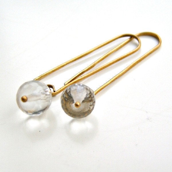 Rock Crystal ball long textured gold vermeil inverted U arch hook earrings. Modern, Zen, Minimalist, abstract, bridal jewellery