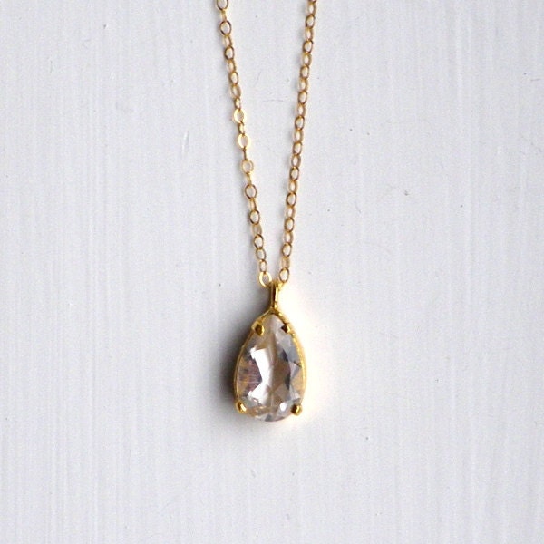 Transparent raindrop Rock Crystal gold necklace. Faceted diamond clear simple dainty dangle. Classic bridal, wedding, jewellery