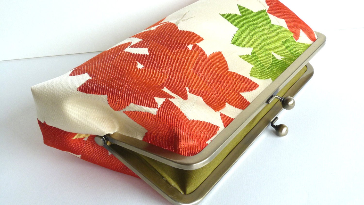 Autumn Orange and Green Japanese Maple Leaf Woven Clutch Bag, Evening Purse, Handbag - cheekyleopard