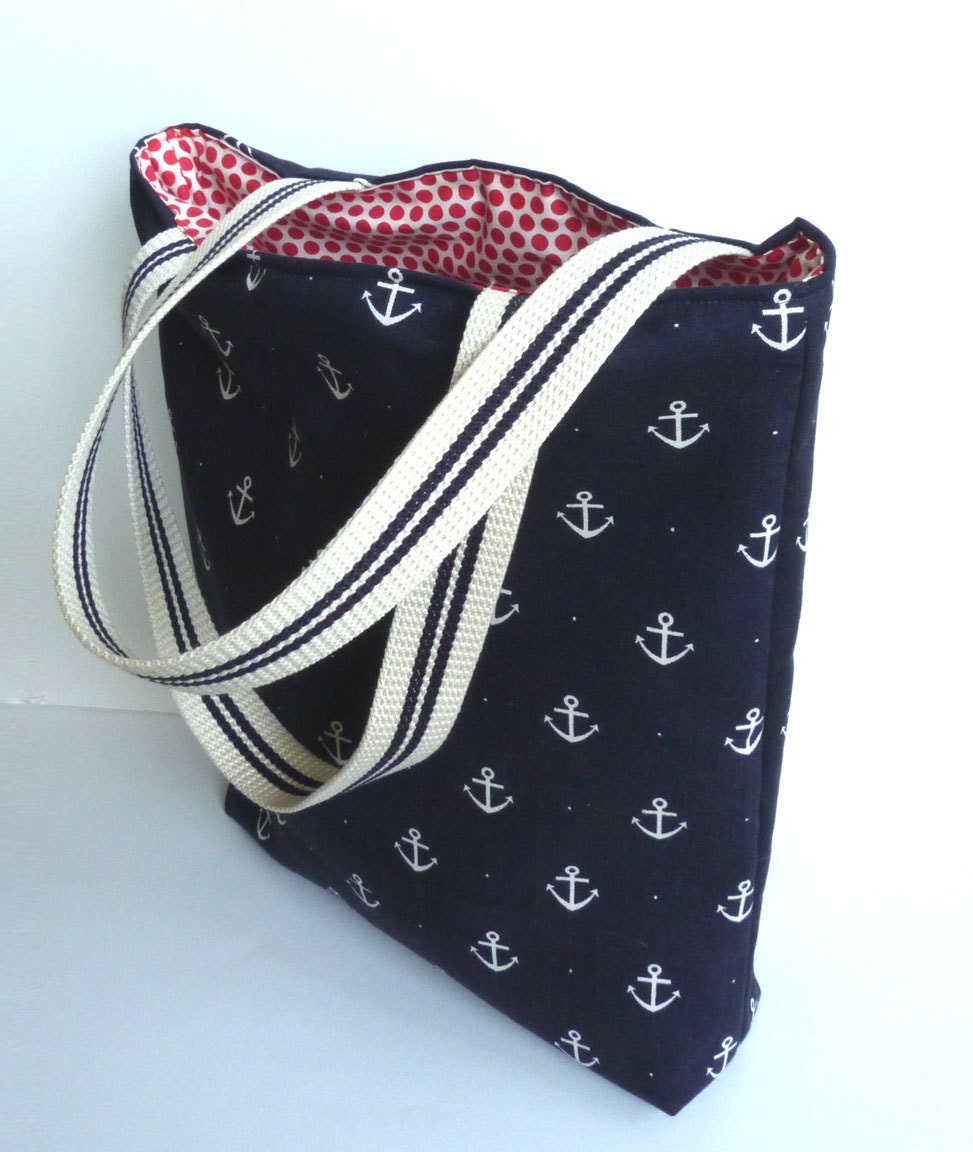 Navy Blue and White Anchor Print Cotton Tote Bag, Handbag, Beach Bag