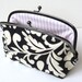 Black and Cream Decorative Print Cosmetic Bag Makeup Purse Handbag Organiser with Lilac and Cream Ticking Stripe Lining