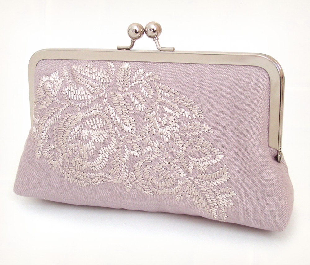 Lavender Belle clutch bag, embroidered linen and silk clutch purse, bridal accessory, bridesmaid gift