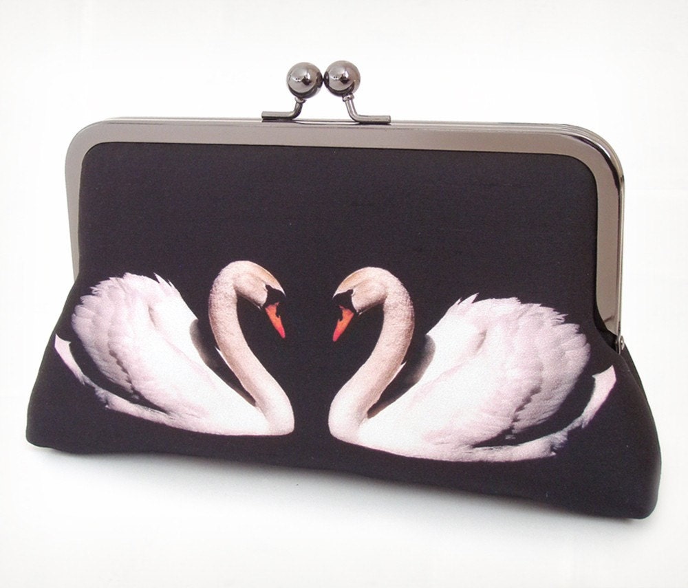 Two swans clutch bag, silk purse, black and white, bridal accessory, bridesmaid gift