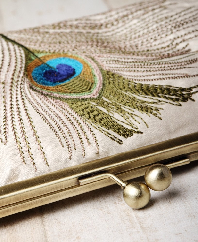 Silk peacock feathers - luxury clutch bag