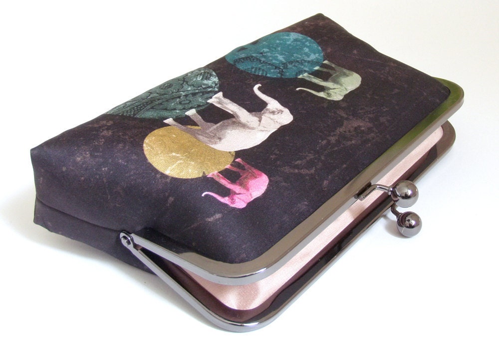 Elephants clutch bag : luxury printed silk purse, bridal accessory, bridesmaid gift, gift box