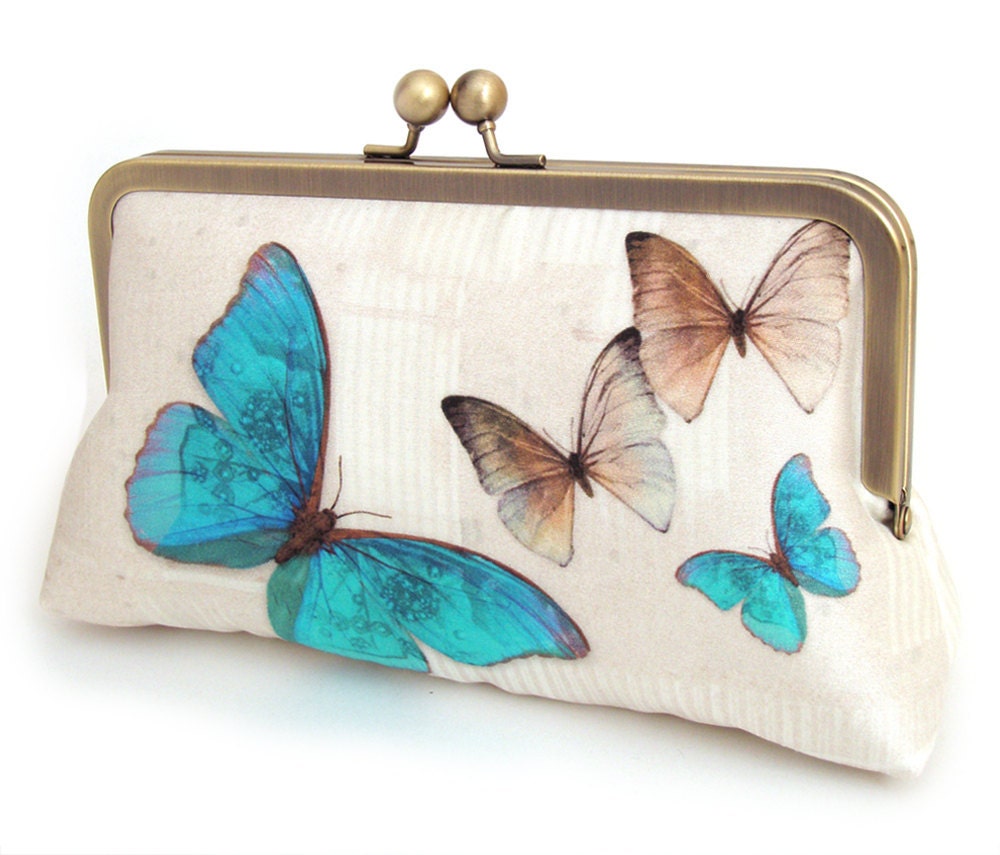 Clutch bag, butterflies silk purse, wedding accessory, bridesmaid gift, gift box
