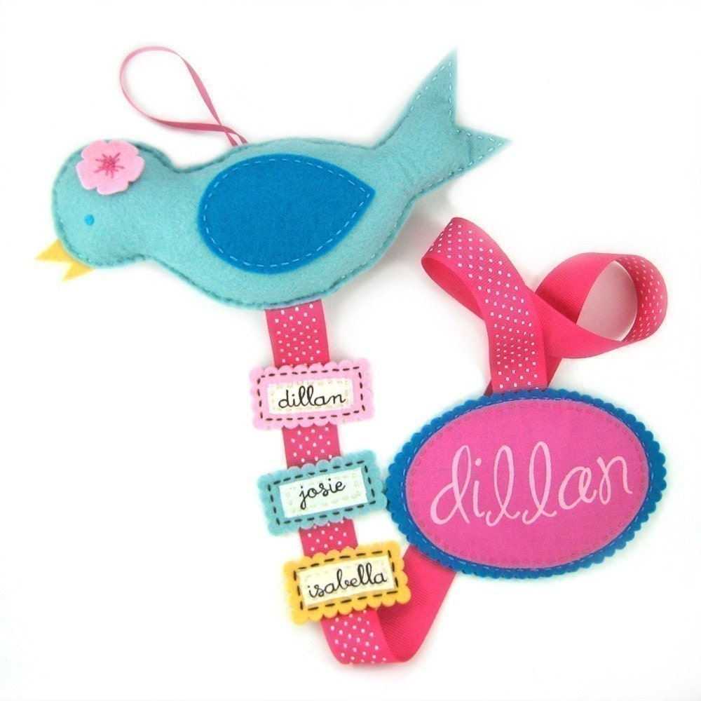 Personalized Bird Bow Holder in Blue and Pink