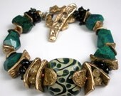 Gemstone and Bronze Bracelet, A Mixed Metal, Beaded Bracelet Featuring Boro Glass, Bronze PMC, Chrysocolla, Green Tourmaline - Telluride - FebraRose