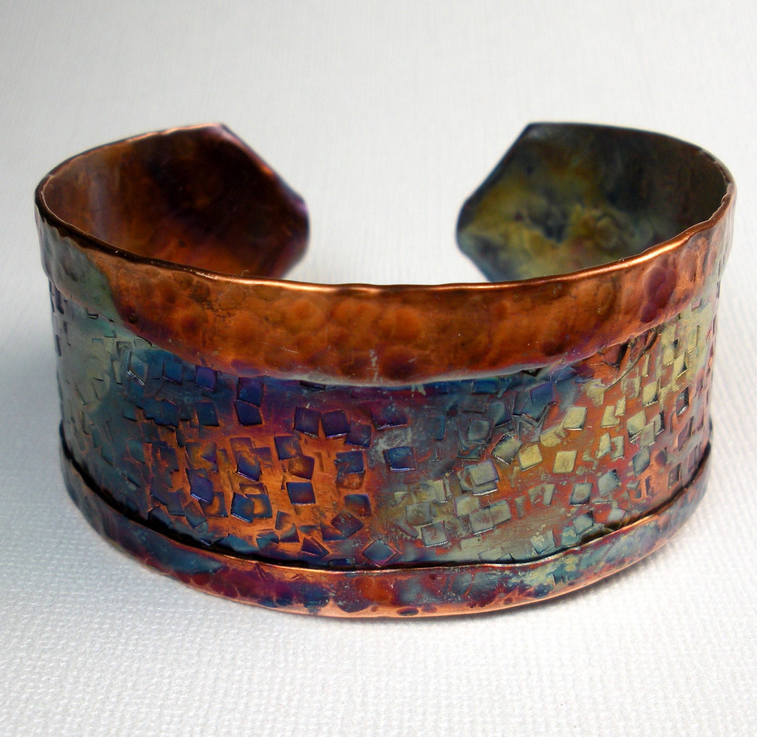 Copper Cuff Bracelet, Handmade Rustic Fold Formed and Hammered Copper Cuff- Mosaic Color Blocks
