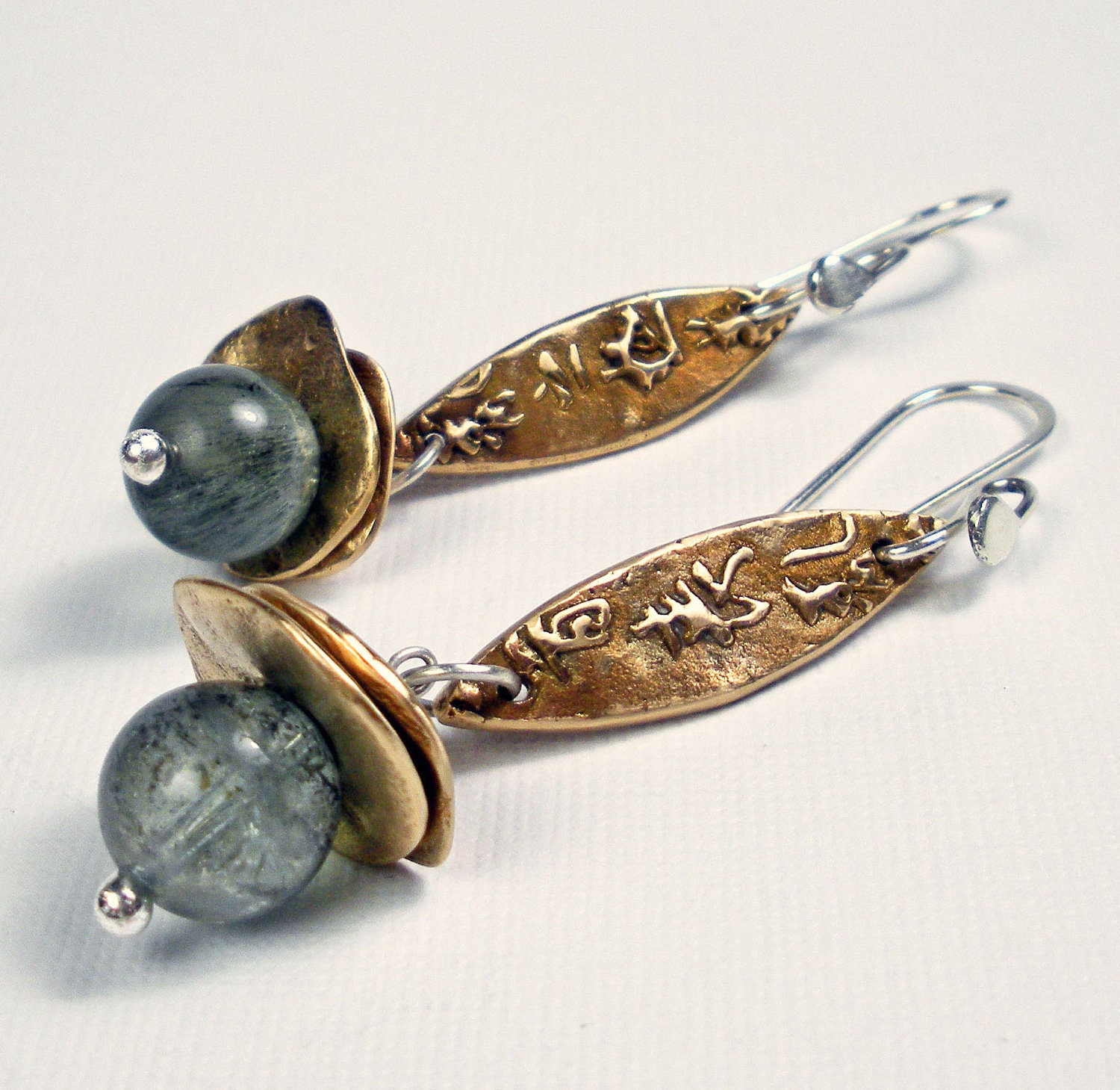 Bronze Dangle Earrings - Handmade Bronze and Gemstone Earrings Featuring Bronze Metal Clay, PMC, Moss Aquamarine - Harmony