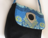 medium handmade handbag with black corduroy fabric - amy butler lark cloud cotton quilt fabric