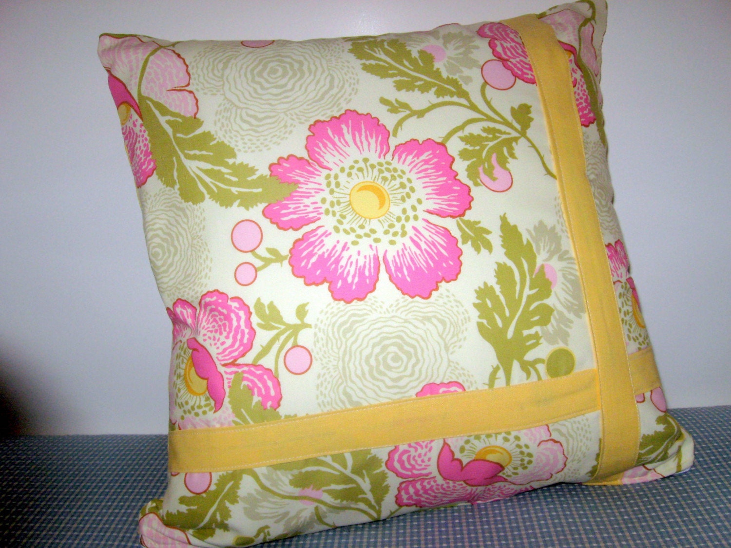 Decorative Pillow Cover Pink Floral Amy Butler Fabric with Yellow Linen