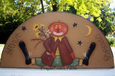 Fall Pumpkin Wood Door Crown Shelf Sitter Primitive Handpainted Art Home Decor