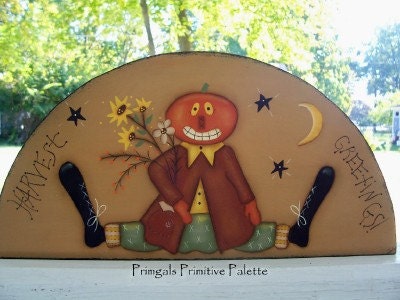 Fall Pumpkin Wood Door Crown Shelf Sitter Primitive Handpainted Art Home Decor