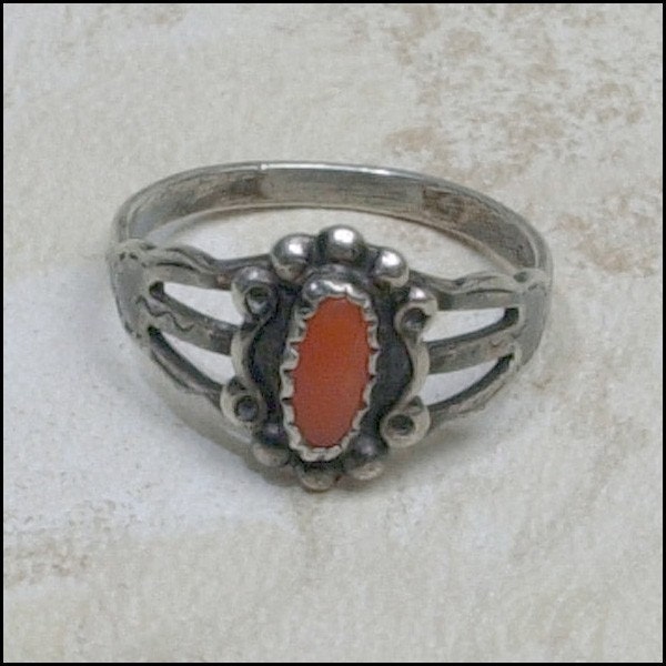 Native American Silver and Red Coral Ring SIZE 5 1/2