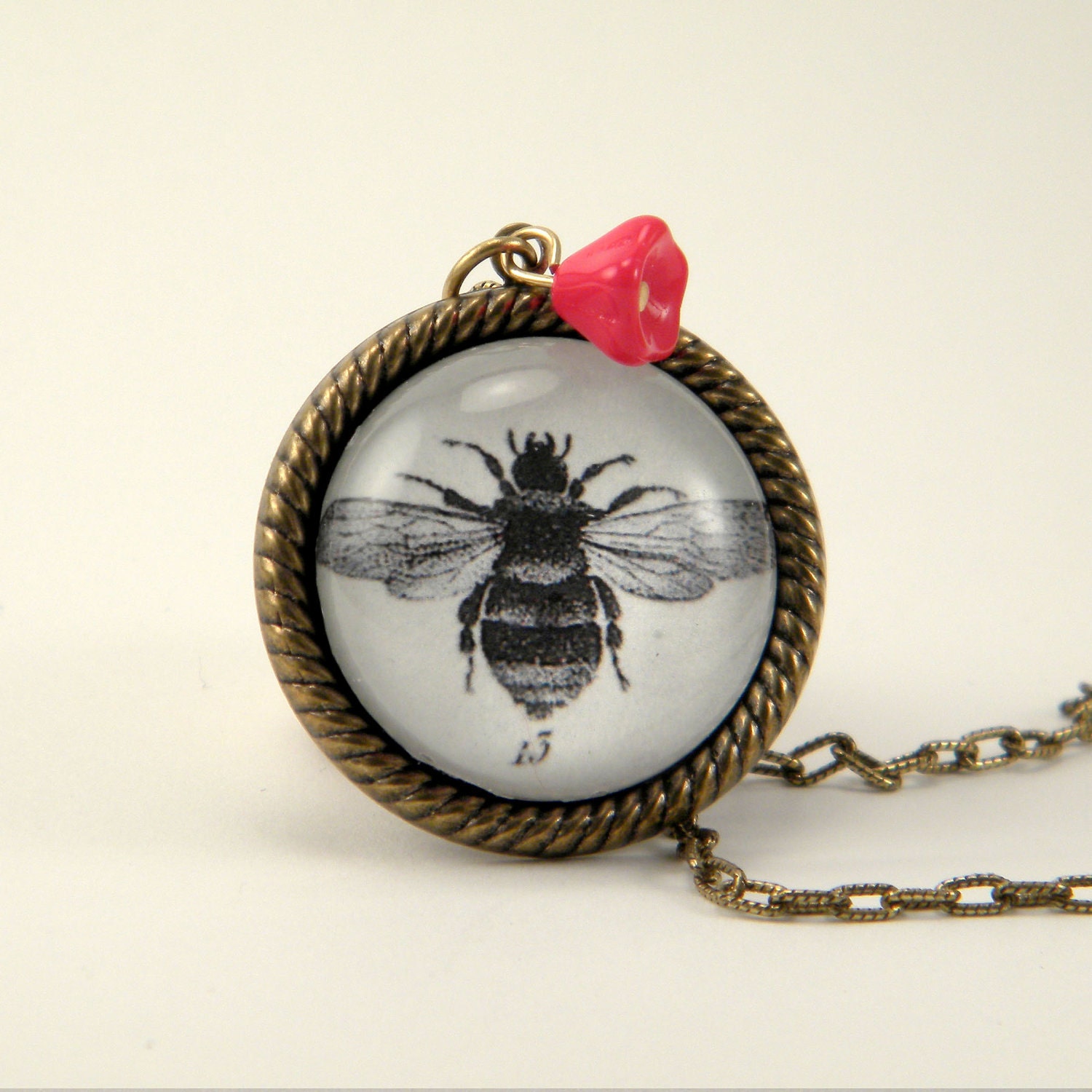 13 Stings vintage inspired Victorian bee engraving pendant necklace with flower Steampunk Boho Ephermera