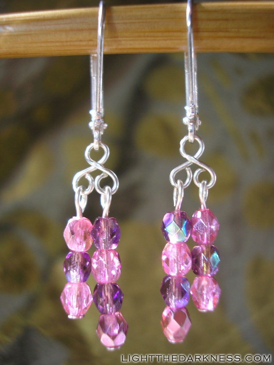 Shiny Pink and Sparkly Purple Amethyst Beads and Silver Dangle Earrings