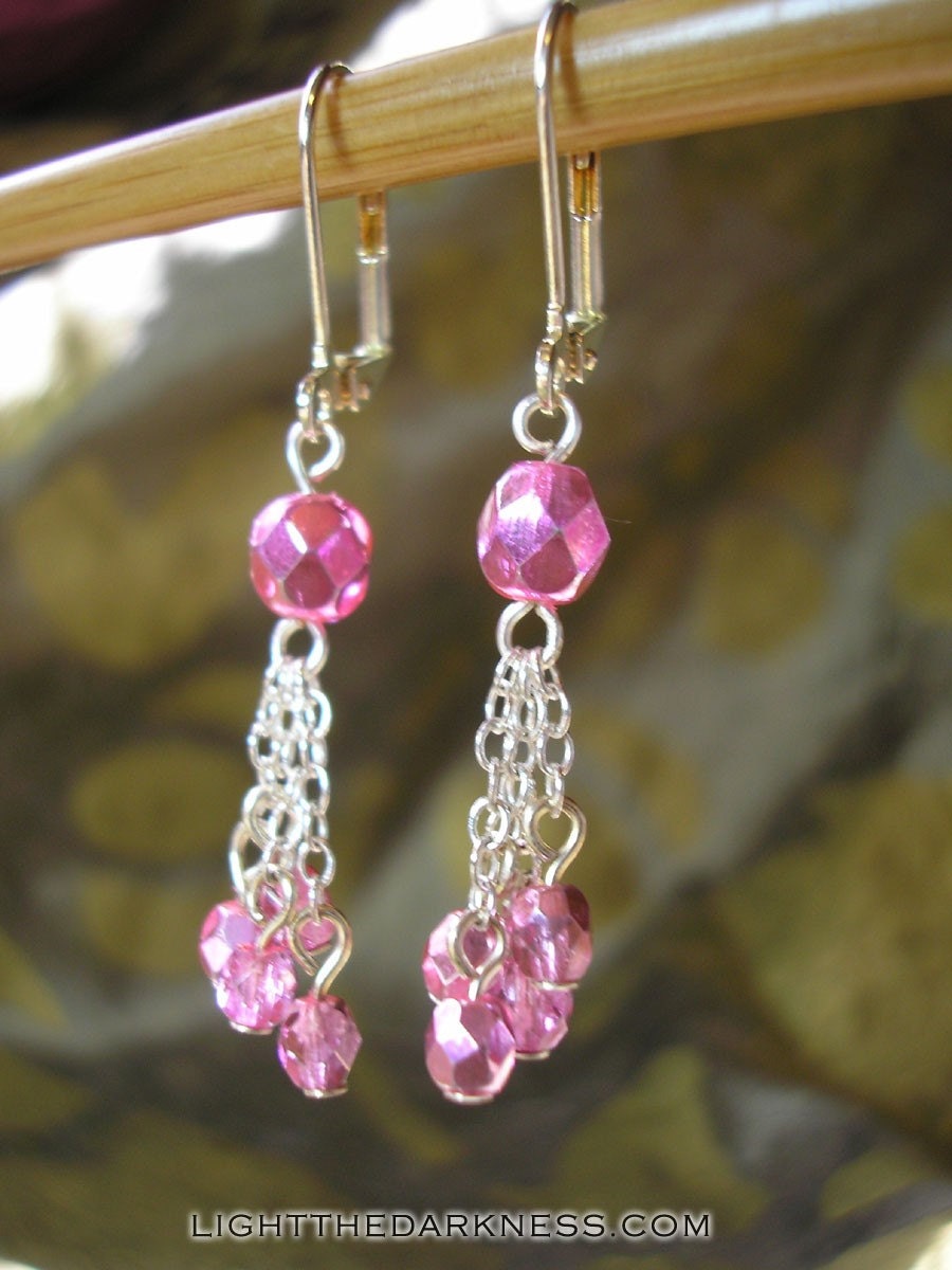 Hot Pink Glass Beads and Silver Dangle Earrings