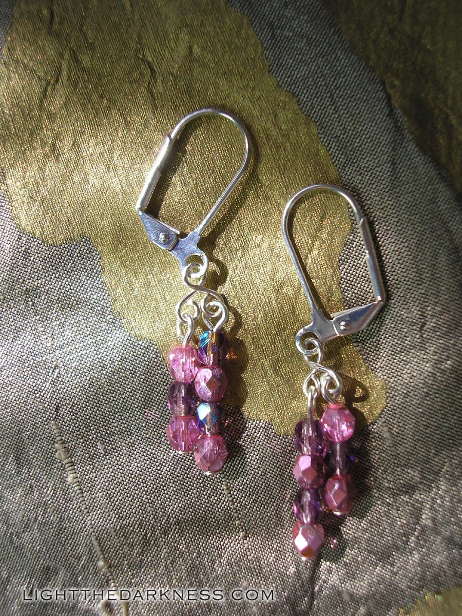 Shiny Pink and Sparkly Purple Amethyst Beads and Silver Dangle Earrings
