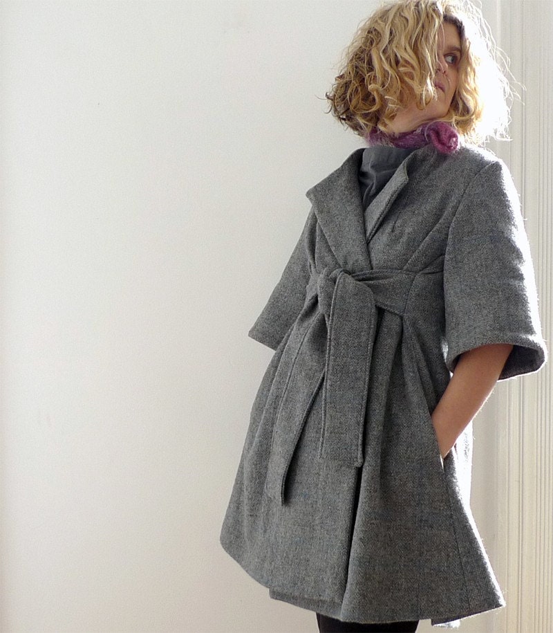 grey/blue check wool wrap coat